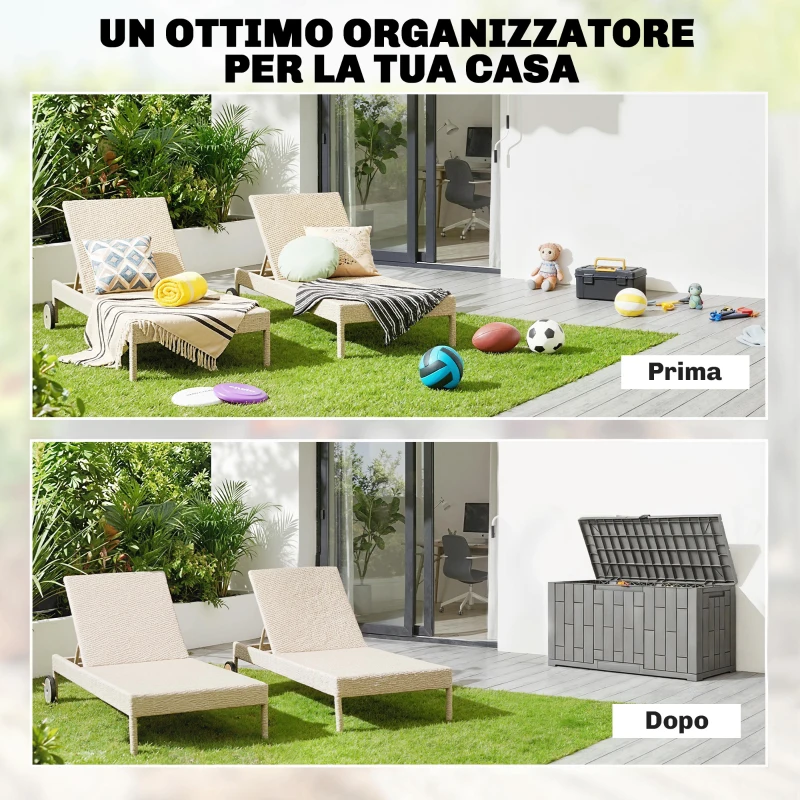 Outsunny Baule da Giardino 227L in Resina Impermeabile e Anti UV con Chiusura a Chiave, 106.5x43x54.5 cm, Grigio