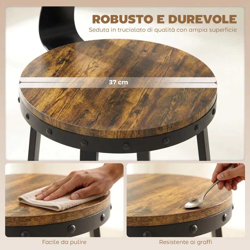HOMCOM Set 2 Sgabelli da Bar Stile Rustico con Poggiapiedi, in Legno e Metallo, 37x47x96 cm, Marrone