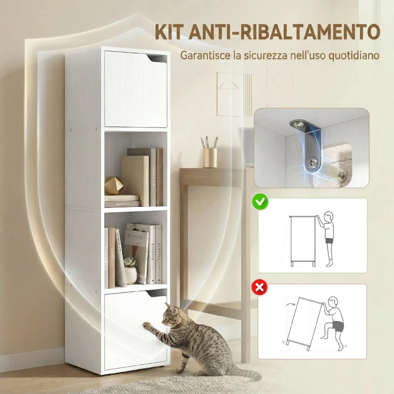 HOMCOM Libreria Moderna con 2 Armadietti e Ante a 4 Ripiani, 30x29x119 cm, Bianco