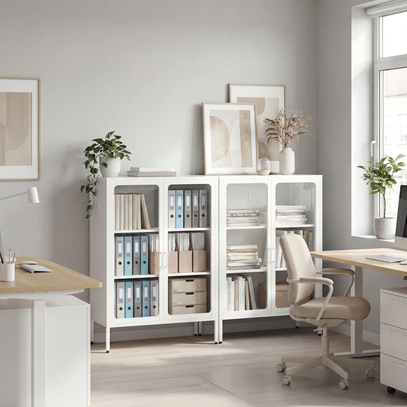 HOMCOM Mobile Portadocumenti in Acciaio con 2 Ante in Vetro e Ripiani Regolabili, 80x40x110 cm, Bianco