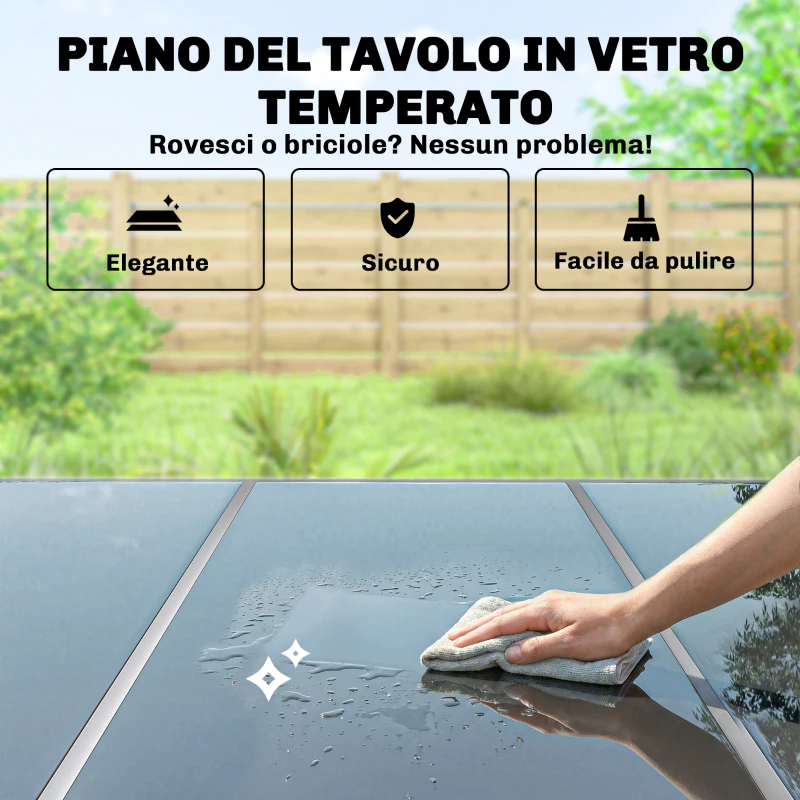 Outsunny Set da Esterno 7pz con 6 Sedie Impilabili in Texteline e Tavolino da Caffè con Piano in Vetro, Nero e Argento