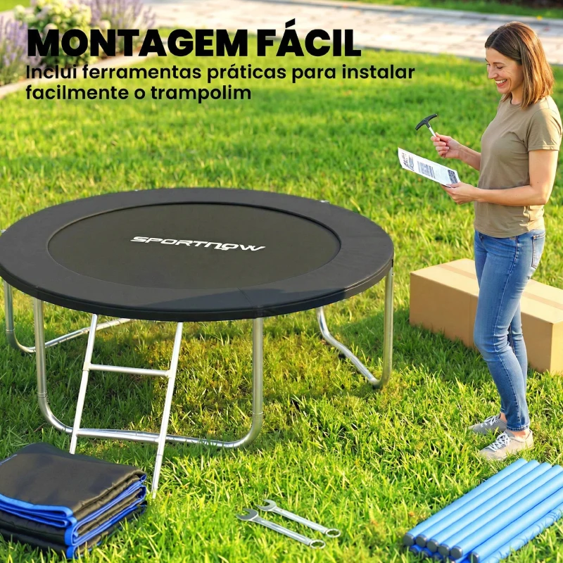 SPORTNOW Trampolim para Crianças Exterior Ø183 cm com Rede de Segurança Escada de 2 Degraus Cobertura de Molas Saco de Armazenamento Preto