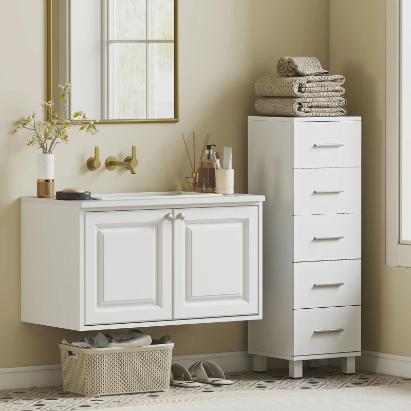 HOMCOM Cassettiera a 5 Cassetti per Camera da Letto e Soggiorno in Legno FSC, 30x30x95 cm, Bianco