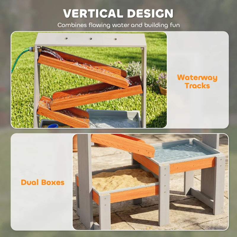 AIYAPLAY Stół do zabawy z piaskiem i wodą, drewniany stół wodny, stół do zabawy z wodą z wodnym kanałem, 2 pojemniki, piaskownica dla dzieci 3–8 lat, szary