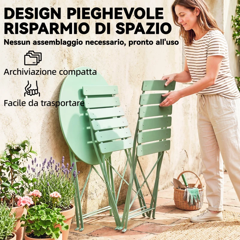 Outsunny Bistrò Set Giardino: Tavolo Rotondo e Sedie Pieghevoli per 2, Verde Chiaro.
