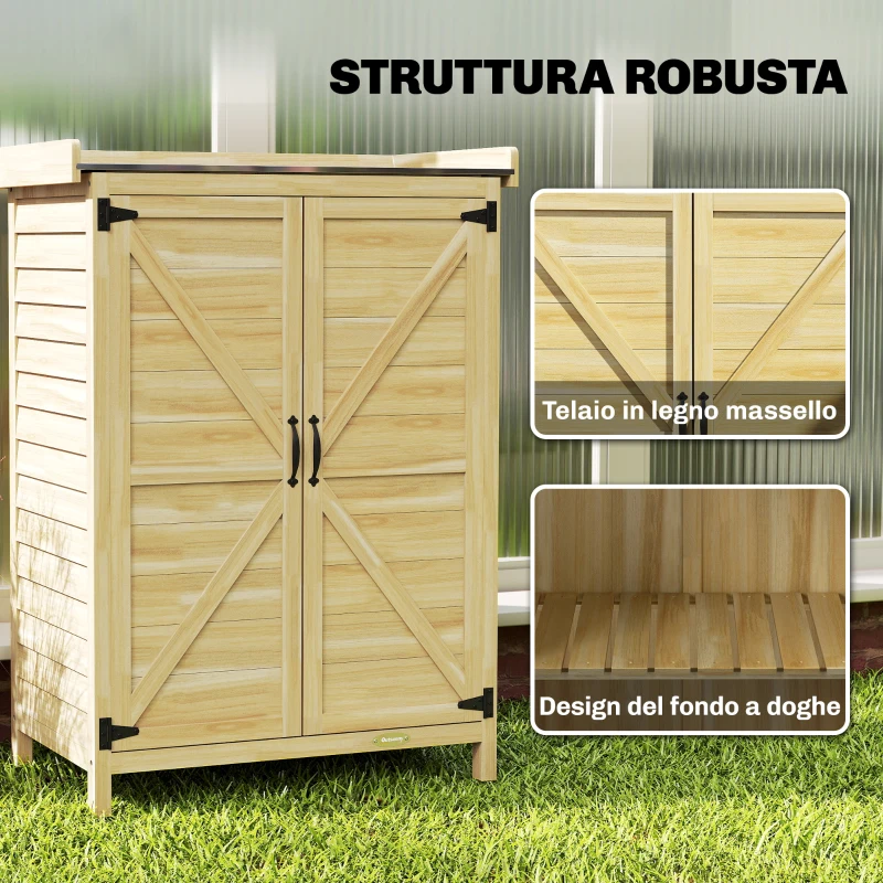 Outsunny Armadio da Giardino in Legno con Piano in Acciaio, Ripiani e Ganci, 71.5x39x95 cm