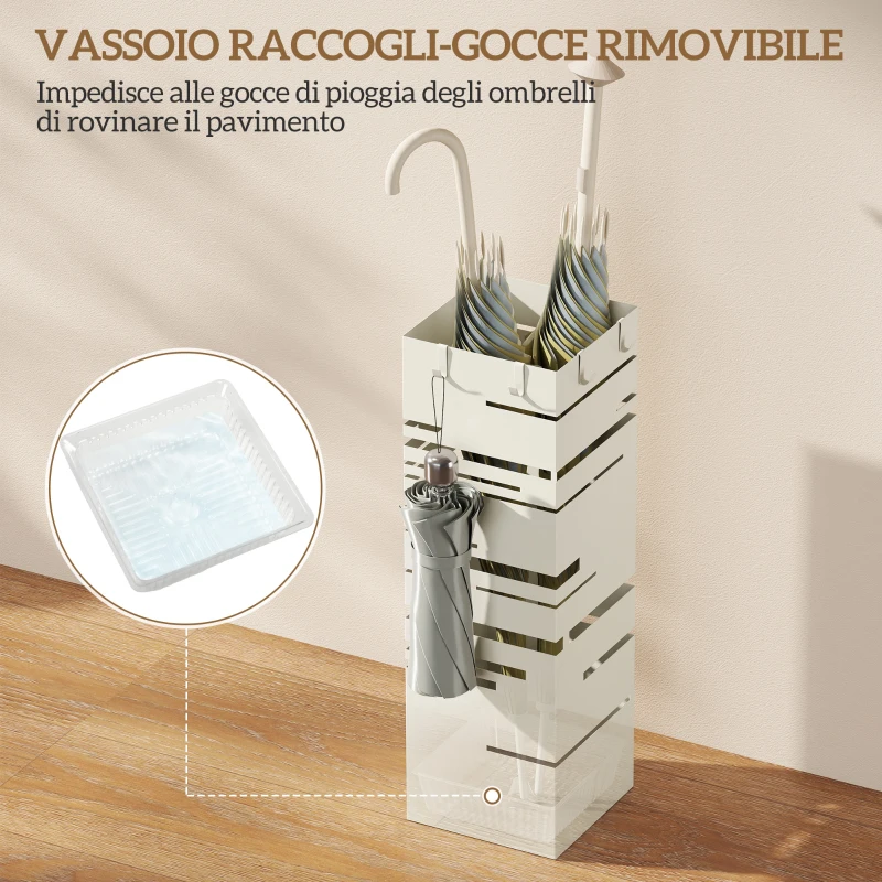 HOMCOM Portaombrelli Quadrato in Metallo con Vassoio Antigoccia Rimovibile e 4 Ganci, 15.5x15.5x49 cm, Beige