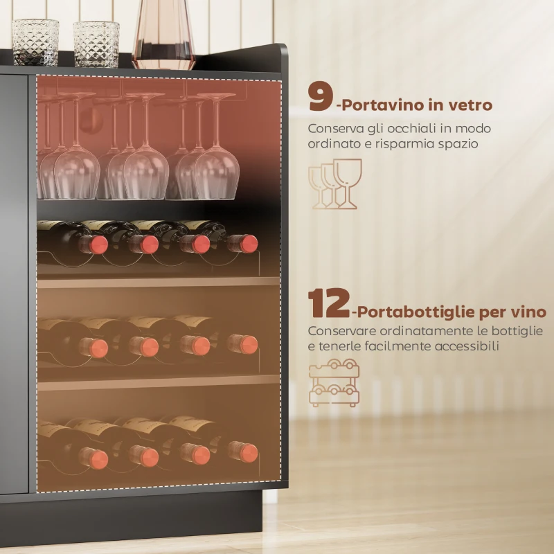 HOMCOM Mobile Portabottiglie con Luce LED e Scaffale Regolabile, in Legno e Vetro, 120x38x88 cm, Nero