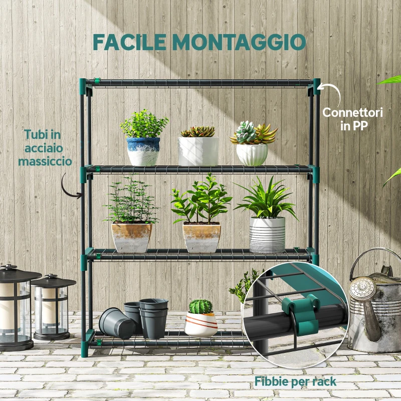 Outsunny Set di 2 Scaffali per Piante a 4 Livelli in Acciaio con Ganci, 90x28x104 cm, Verde