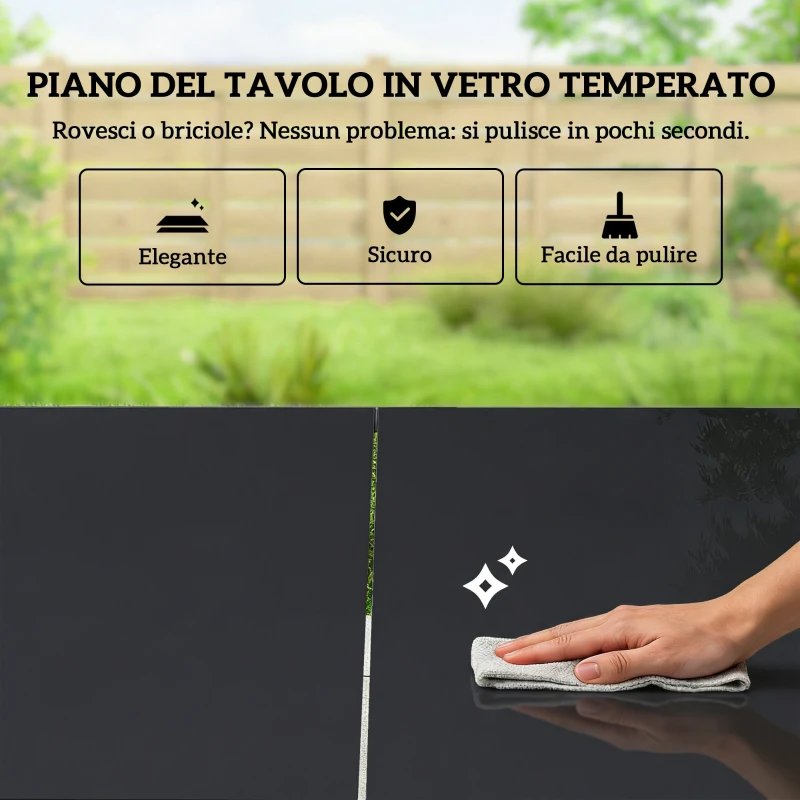 Outsunny Set da Esterno 7 pz in Acciaio con Tavolo in Vetro Temperato e 6 Sedie Traspiranti in Texteline, Nero