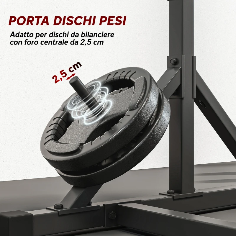 SPORTNOW Squat Rack Regolabile con Doppio Supporto, Portadischi e Barra Trazioni, in Acciaio, 112-100x201-217 cm, Nero