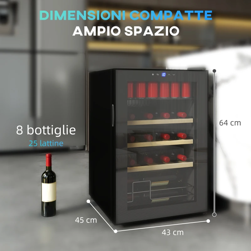 HOMCOM Cantinetta Frigo per Vino da 53L con Ripiani Regolabili per 12 Bottiglie e 25 Lattine, 43x45x64 cm, Nero