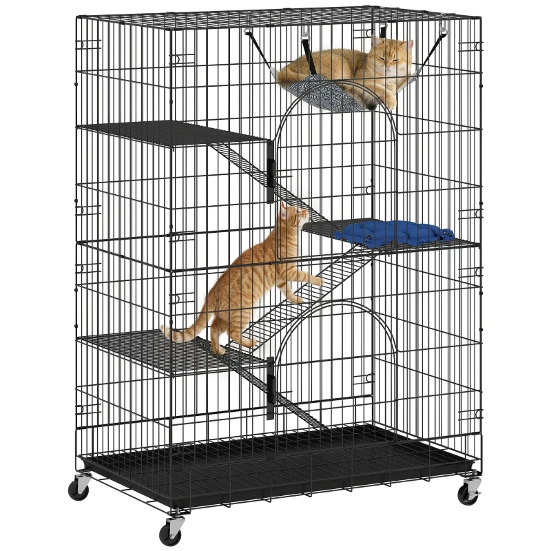 PawHut Jaula para gatos de 4 niveles con hamaca, cama, rampas y plataformas en metal con ruedas y bandeja extraíble, Negro