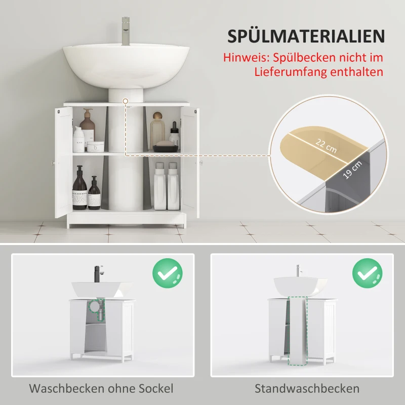 HOMCOM Waschbeckenunterschrank Badschrank mit verstellbarer Ablage Unterschrank mit 2 Türen Badmöbel Waschbecken Badezimmerschrank Siphon-Ausschnitt Landhausstil Weiß L60 x T30 x H60 cm
