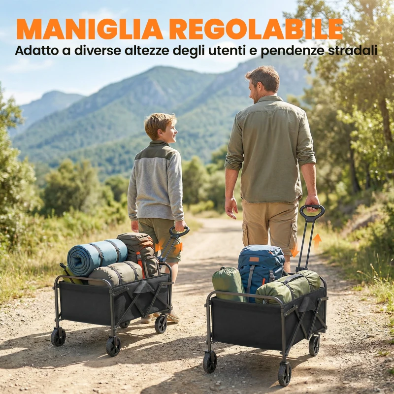 Outsunny Carrello da Giardino Pieghevole 66L con Manico Regolabile e Portabicchieri, Nero