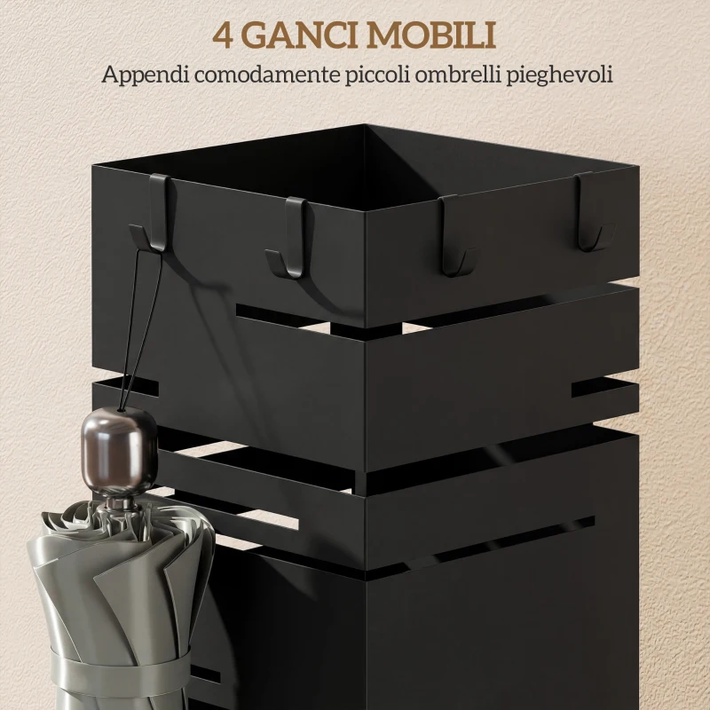 HOMCOM Portaombrelli Quadrato in Metallo con Vassoio Antigoccia Rimovibile e 4 Ganci, 15.5x15.5x49 cm, Nero