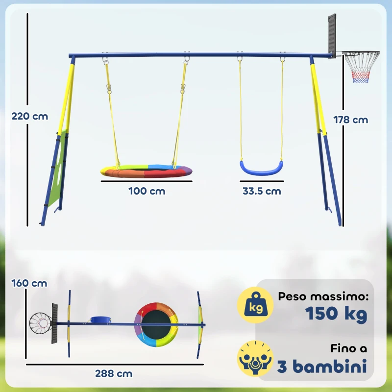 AIYAPLAY Set Altalena da Giardino 4 in 1 per Bambini 3-8 Anni con 2 Altalene, Canestro e Porta da Calcio