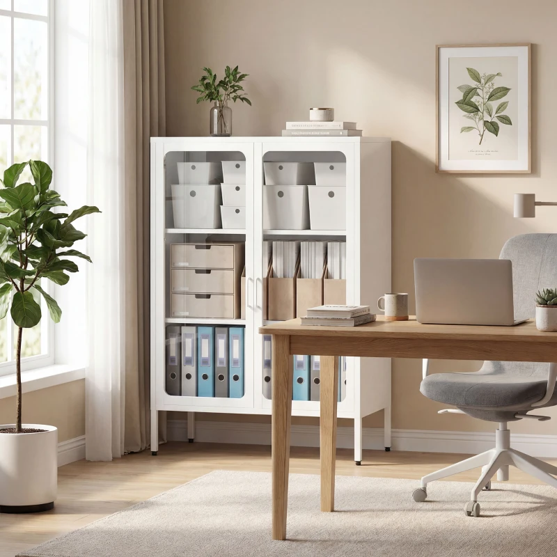 HOMCOM Mobile Portadocumenti in Acciaio con 2 Ante in Vetro e Ripiani Regolabili, 80x40x110 cm, Bianco
