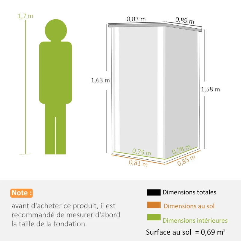 Outsunny Abri de Jardin Armoire de Jardin 0,69m² Toit Incliné Porte Verrouillable et Barres de Soutien 83x89x163cm Gris Anthracite