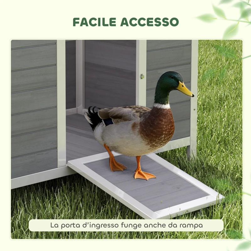 PawHut Casetta per Anatre con Tetto Apribile, Finestrelle e Rampa, in Legno, 93x70x72 cm, Multicolore