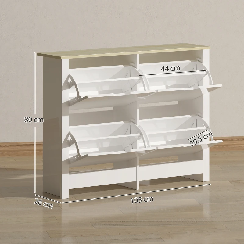 HOMCOM Dulap pentru pantofi îngust cu 4 compartimente rabatabile pentru 8–16 perechi de pantofi, 105 x 26 x 80 cm, Alb+Natural