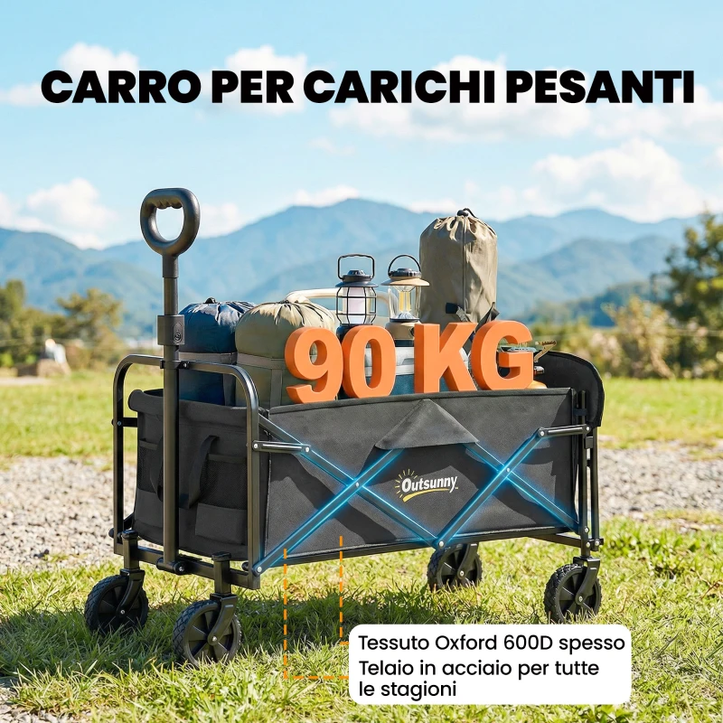 Outsunny Carrello da Giardino 72L Pieghevole con Manico Regolabile, in Acciaio e Tessuto Oxford, 114x46x92 cm, Nero