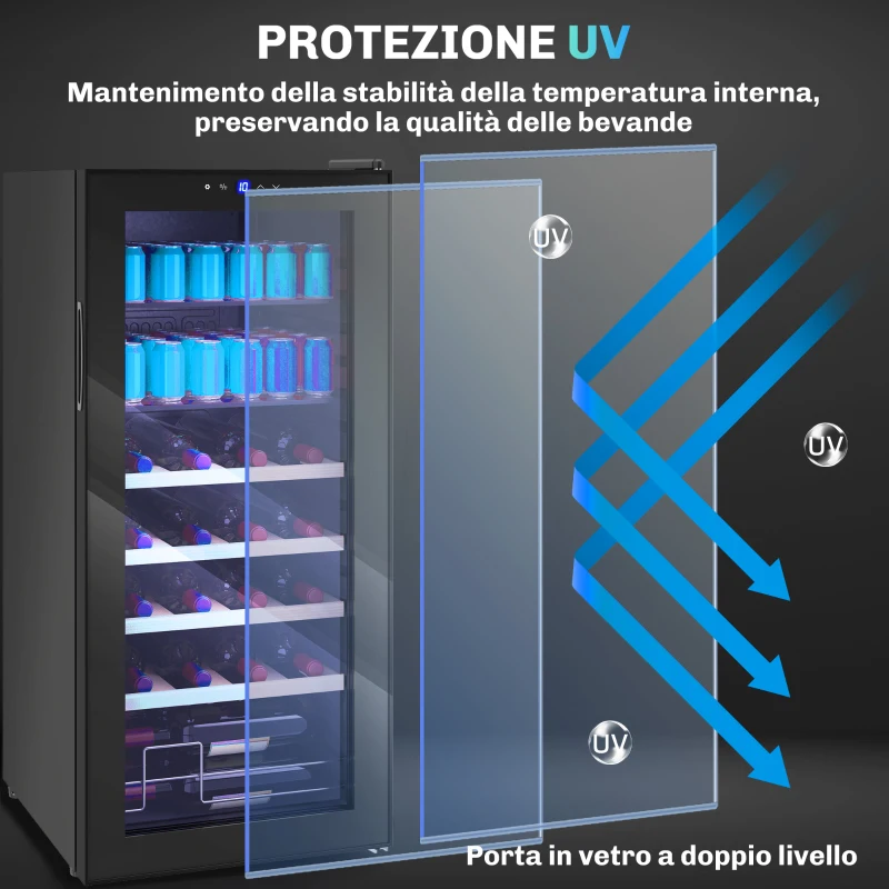 HOMCOM Cantinetta Frigo per Vino da 92L con Ripiani Regolabili per 20 Bottiglie e 50 Lattine, 43x45x94 cm, Nero
