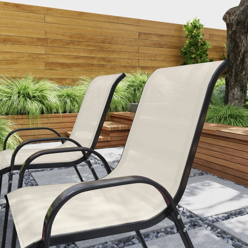 Outsunny Set 4 Sedie da Giardino Impilabili con Braccioli Curvi, in Acciaio e Tessuto Traspirante, 54x71x93 cm, Beige