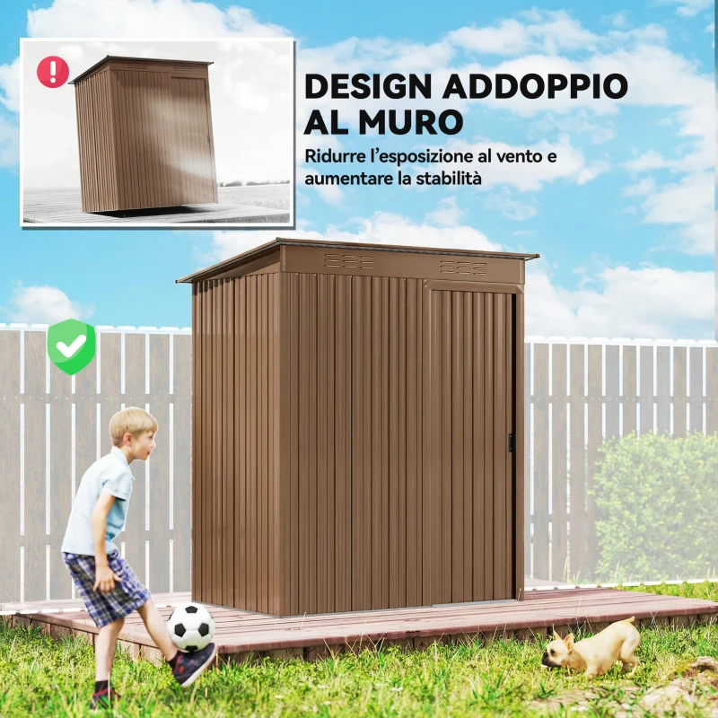 Outsunny Casetta da Giardino in Metallo con Prese d'Aria e Porta Scorrevole, 159x106x181 cm, Marrone