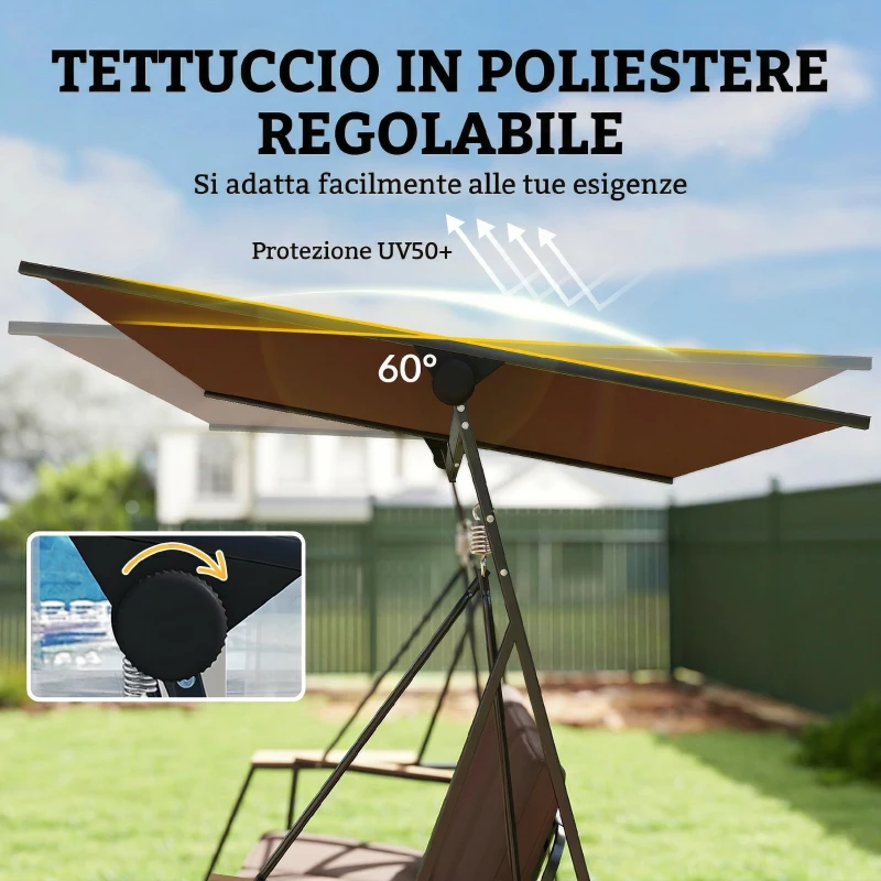 Outsunny Dondolo da Giardino 3 Posti con Tettuccio Regolabile, Dondolo da Esterno in Metallo con Vassoi Porta Bicchieri, Cuscini Imbottiti, Portata 360kg, per Terrazzo Balcone, 222x131x175 cm, Marrone