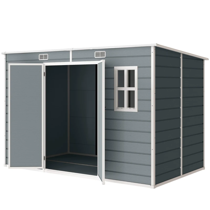 Outsunny Casetta per Attrezzi a 2 Ingressi con Finestre e Prese d'Aria, in PP e Alluminio, 303x183x184 cm, Grigio