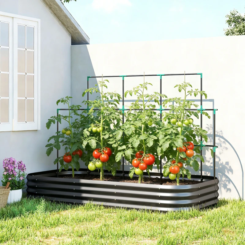 Outsunny Orto Rialzato con Traliccio per Rampicanti e Fondo Aperto in Metallo, 220x110x150 cm, Grigio Scuro