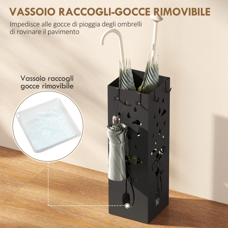 HOMCOM Portaombrelli Quadrato Stilizzato in Metallo con Vassoio Antigoccia Rimovibile e 4 Ganci, 15.5x15.5x49 cm, Nero