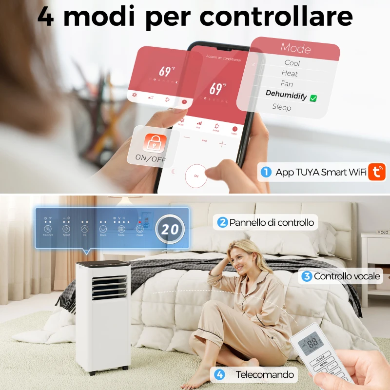 HOMCOM Condizionatore Portatile 7000 BTU: Raffreddamento, Deumidificatore, Ventilatore, Modalità Notturna.