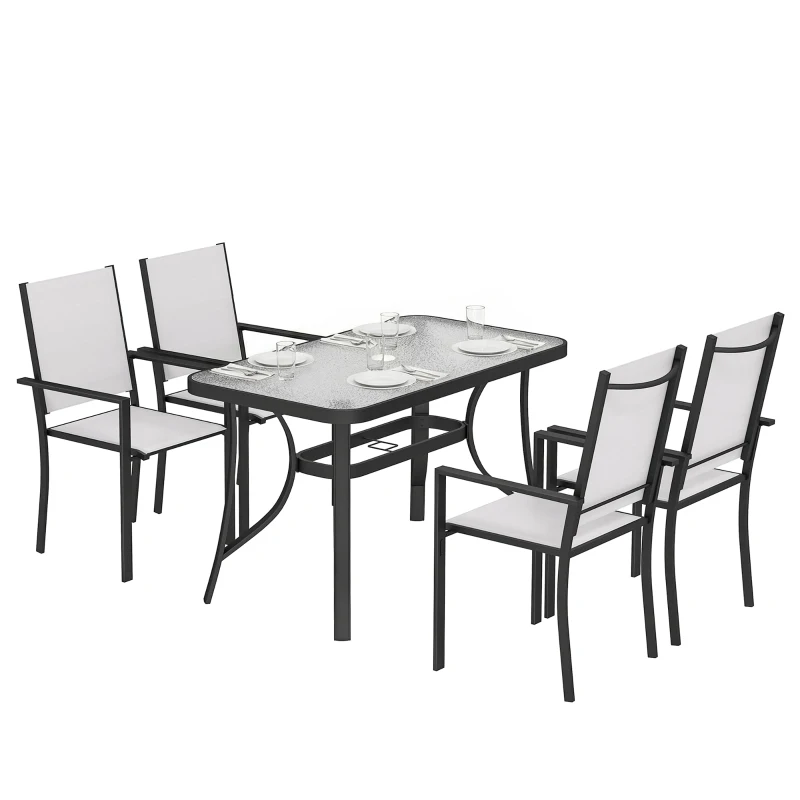 Outsunny Set da Giardino 5pz con 4 Sedie Impilabili e Tavolo in Vetro Temperato con Foro per Ombrellone, Grigio Chiaro