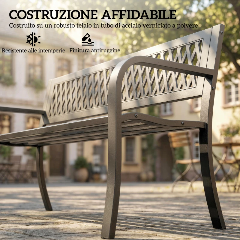 Outsunny Panchina da Giardino 2 Posti a Doghe con Braccioli, in Metallo, 119x50x75 cm, Nero