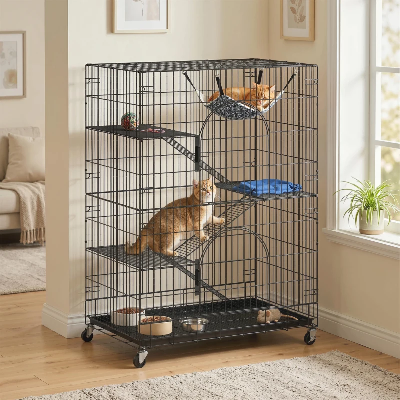 PawHut Gaiola para Gatos 4 Níveis com Amaca, Cama, Rampas e Plataformas em Metal com Rodas e Bandeja Removível, Preto