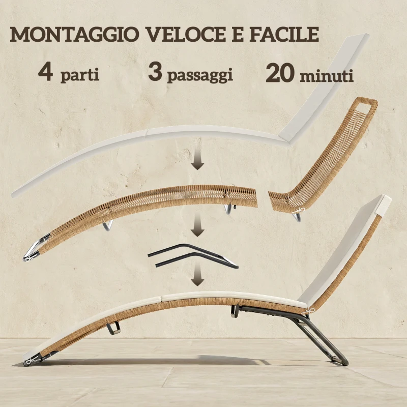 Outsunny Lettino Sdraio a S da Esterno con Cuscino, in Rattan PE e Acciaio, 175x57x80 cm, Crema
