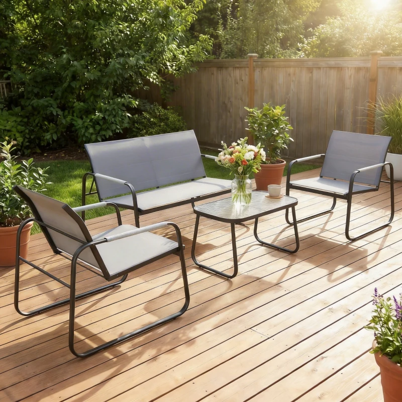 Outsunny Set da Giardino 4 pz con Divano 2 Posti, 2 Sedie e Tavolino, Struttura in Metallo Grigio