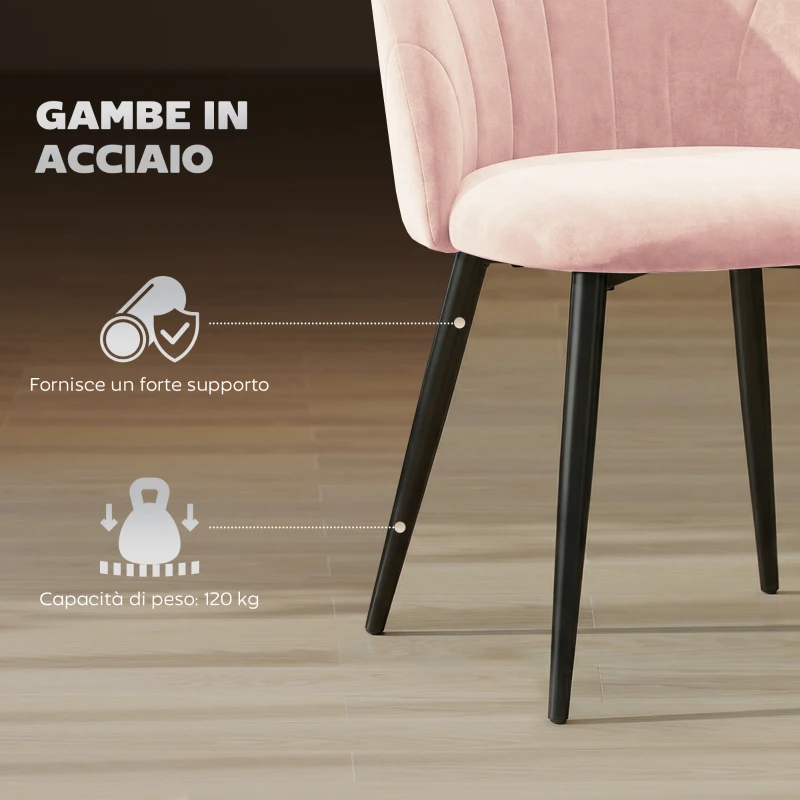 HOMCOM Set 2 Sedie da Pranzo Imbottite con Schienale a Conchiglia in Velluto, 52x55x79 cm, Rosa
