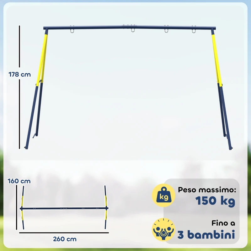 AIYAPLAY Struttura per Altalena da Giardino per Bambini 3-8 Anni in Acciaio, 4 Ganci, 260x160x178 cm, Blu