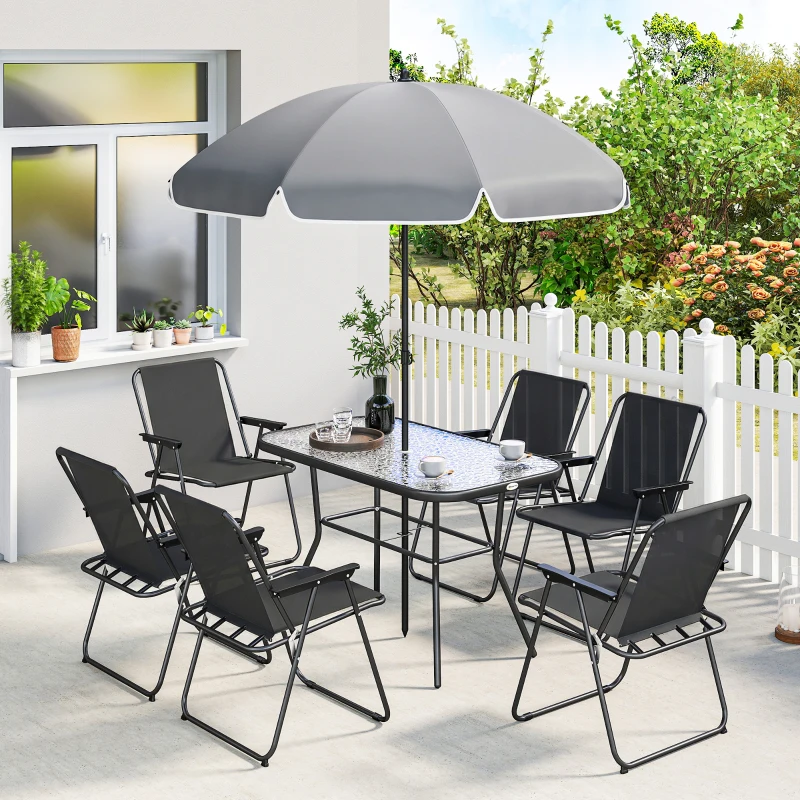 Outsunny Set da Giardino 8 pz con Ombrellone, 6 Sedie Pieghevoli e Tavolo da Esterno in Vetro Temperato, Nero