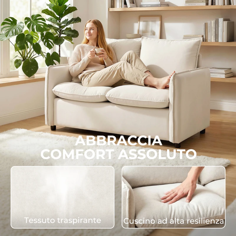 HOMCOM Divano 2 Posti Imbottito in Tessuto Effetto Pelle Traspirante, Imbottitura Spessa, 2 Cuscini, Braccioli, per Soggiorno, Crema