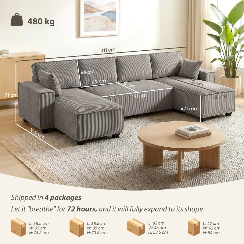 HOMCOM Divano Angolare con Doppia Chaise Longue, Divano a U in Tessuto a Coste con Seduta Ampia e Profonda, Cuscini a Molle, Grigio Chiaro