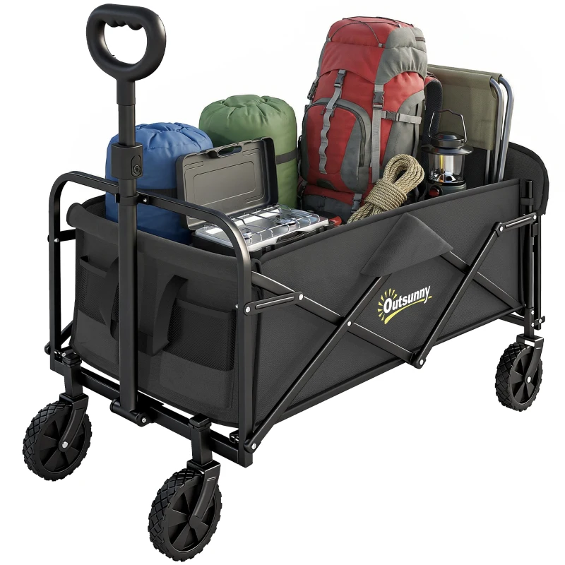 Outsunny Carrello da Giardino 72L Pieghevole con Manico Regolabile, in Acciaio e Tessuto Oxford, 114x46x92 cm, Nero