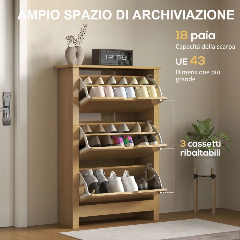 HOMCOM Scarpiera Slim per 18 Paia di Scarpe, 3 Cassetti con 2 Ripiani Regolabili e Rimovibili, 72x26x112 cm, Naturale
