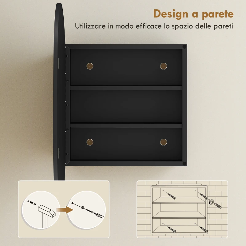 HOMCOM Specchio Bagno Contenitore con 3 Ripiani Interni, in Alluminio e Metallo, 61x12x79 cm, Nero
