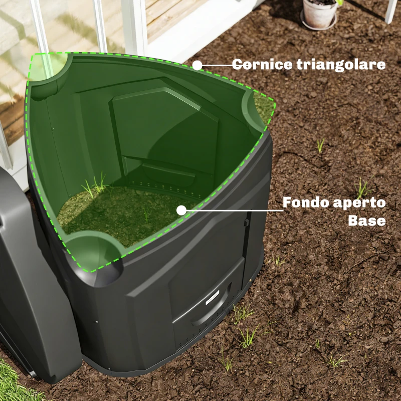 Outsunny Compostiera da Giardino 240L Triangolare Girevole con 66 Prese d'Aria e 3 Porte, in PP, 78x75x78 cm, Nero