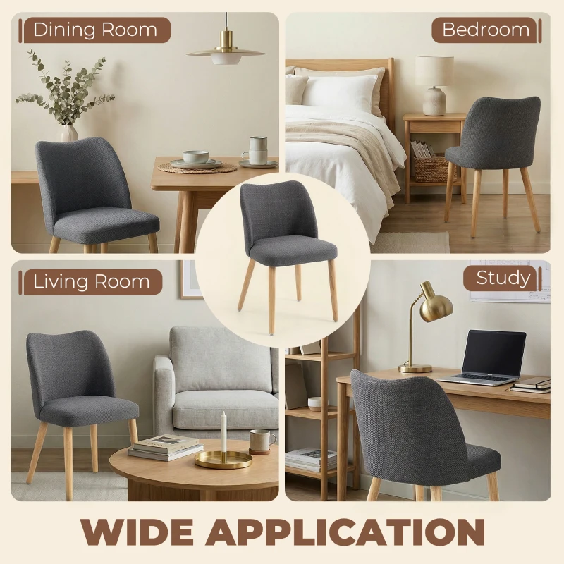 HOMCOM Lot de 2 Chaises de Cuisine Nordiques Rembourrées Tissu Type Lin Dossier Incurvé Assise Rembourrée Pieds en Bois Gris Clair