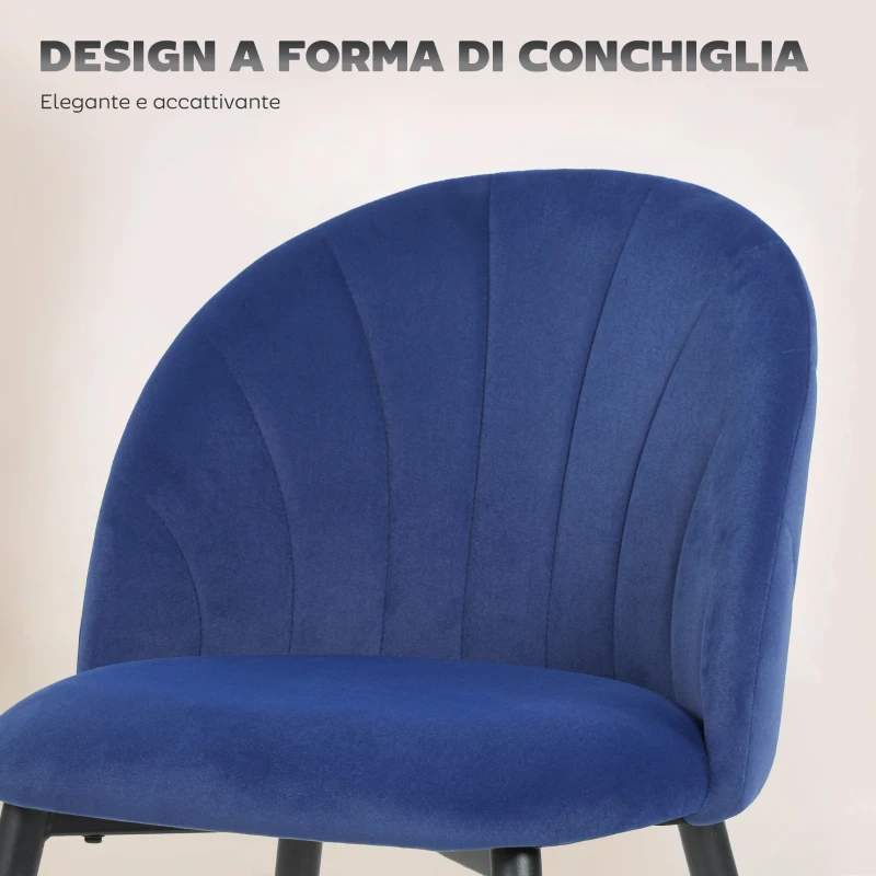 HOMCOM Set 2 Sedie da Pranzo Imbottite con Schienale a Conchiglia in Velluto, 52x55x79 cm, Blu